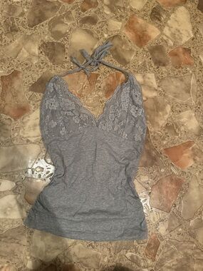 Lace Trim Halter Cami Tank - Gray